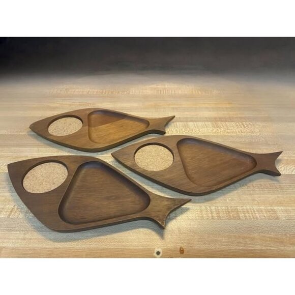 Mid Century Modern Fish-Shaped Wooden Snack Trays With Cork Inserts Japan - Picture 3 of 4